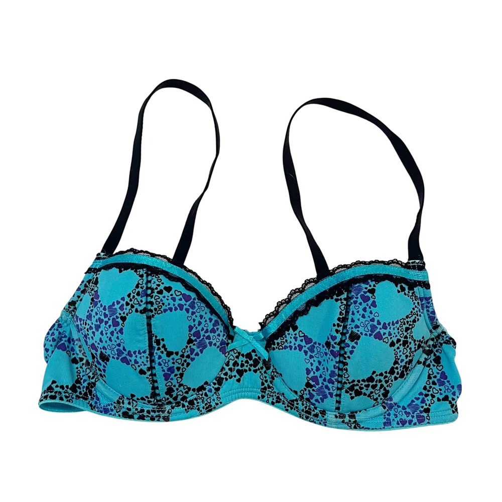 LEI Y2K Turquoise Heart Print Lace Trim Underwire Bra Size 34A Blue Black Cute
